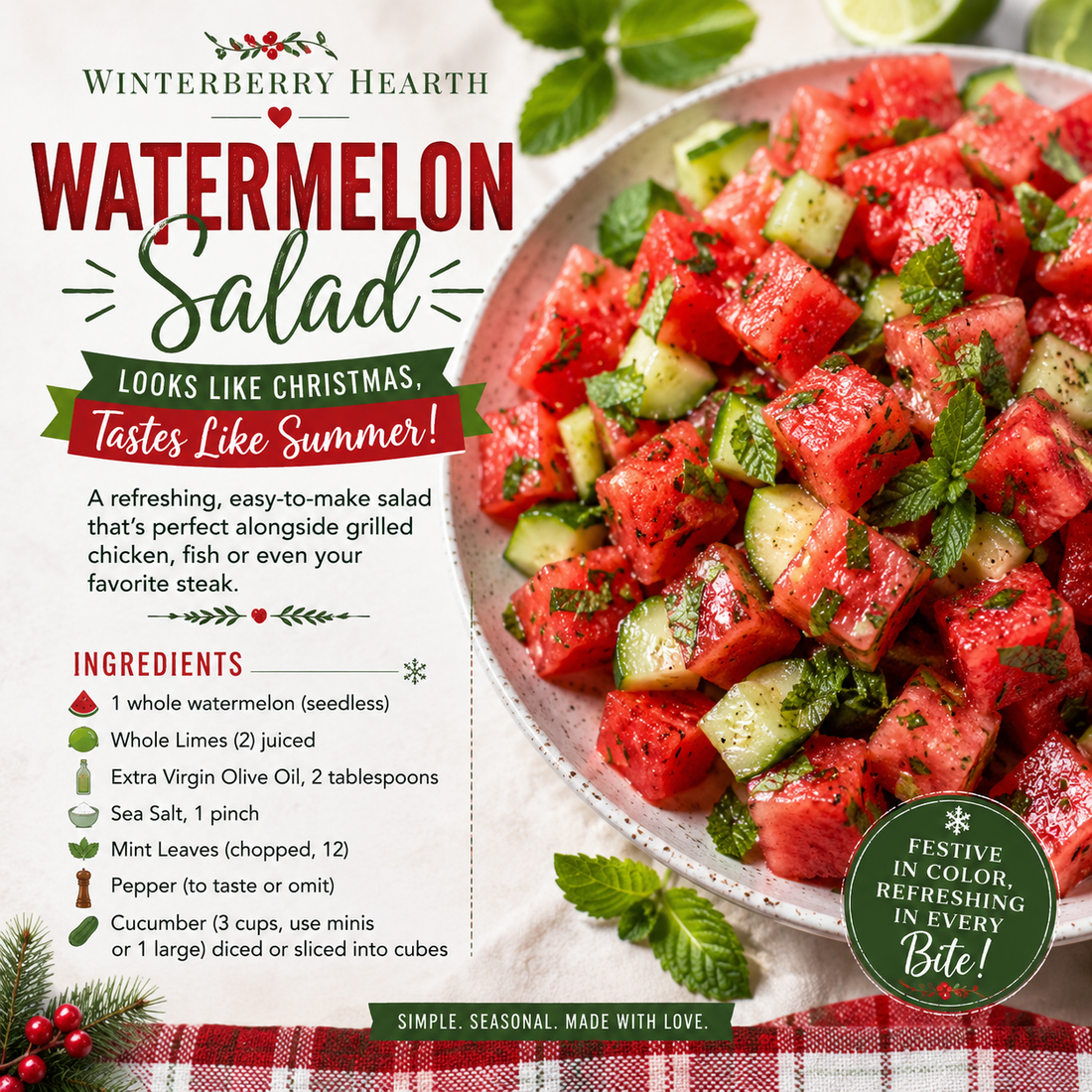 Watermelon Salad That Feels Like Christmas in Summer - Winterberry Hearth