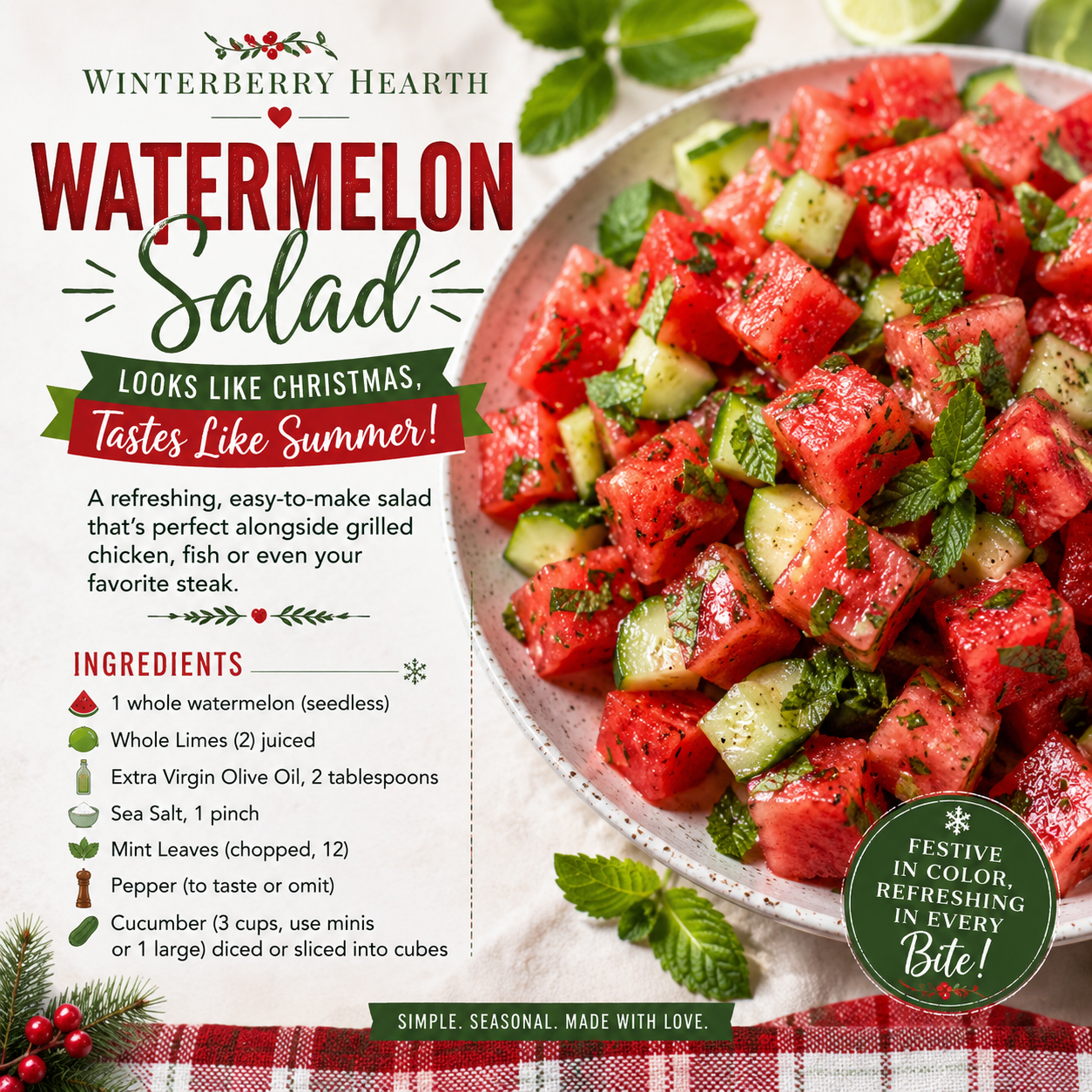 Watermelon Salad That Feels Like Christmas in Summer - Winterberry Hearth