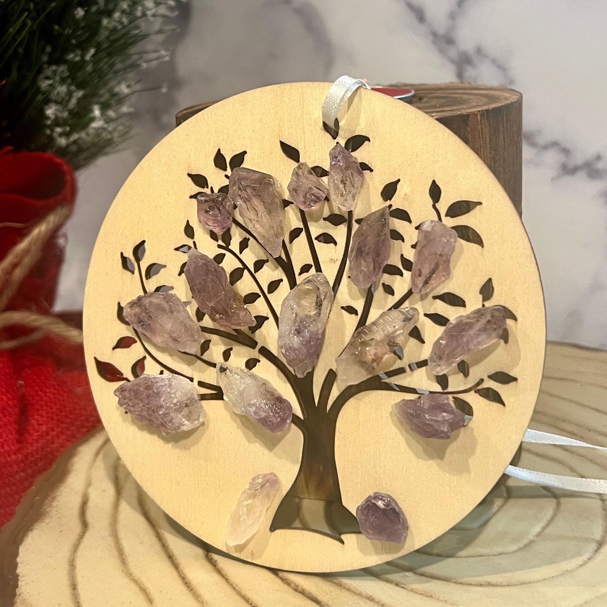 Amethyst Christmas Ornament: Wood Engraved Sacred Tree of Life - Winterberry Hearth