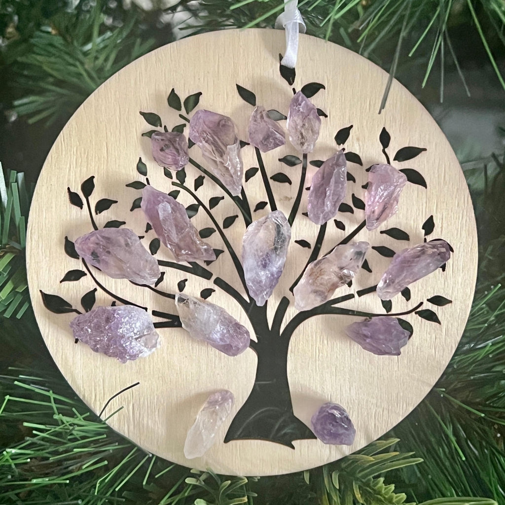 Amethyst Christmas Ornament: Wood Engraved Sacred Tree of Life - Winterberry Hearth