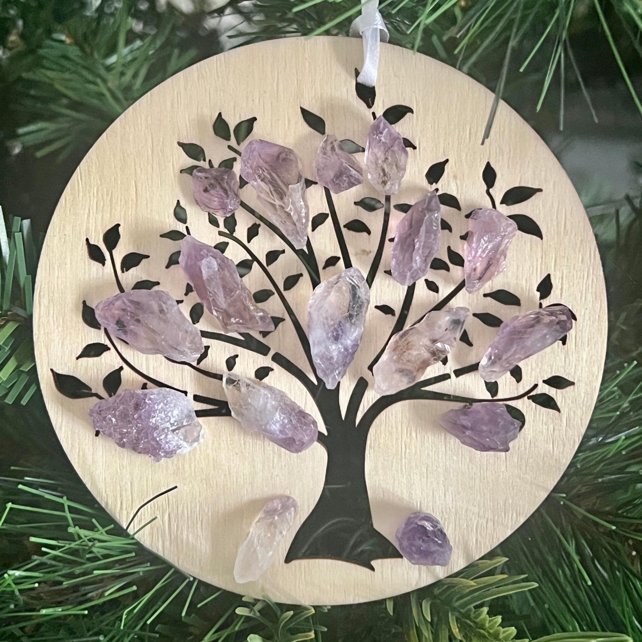 Amethyst Christmas Ornament: Wood Engraved Sacred Tree of Life - Winterberry Hearth