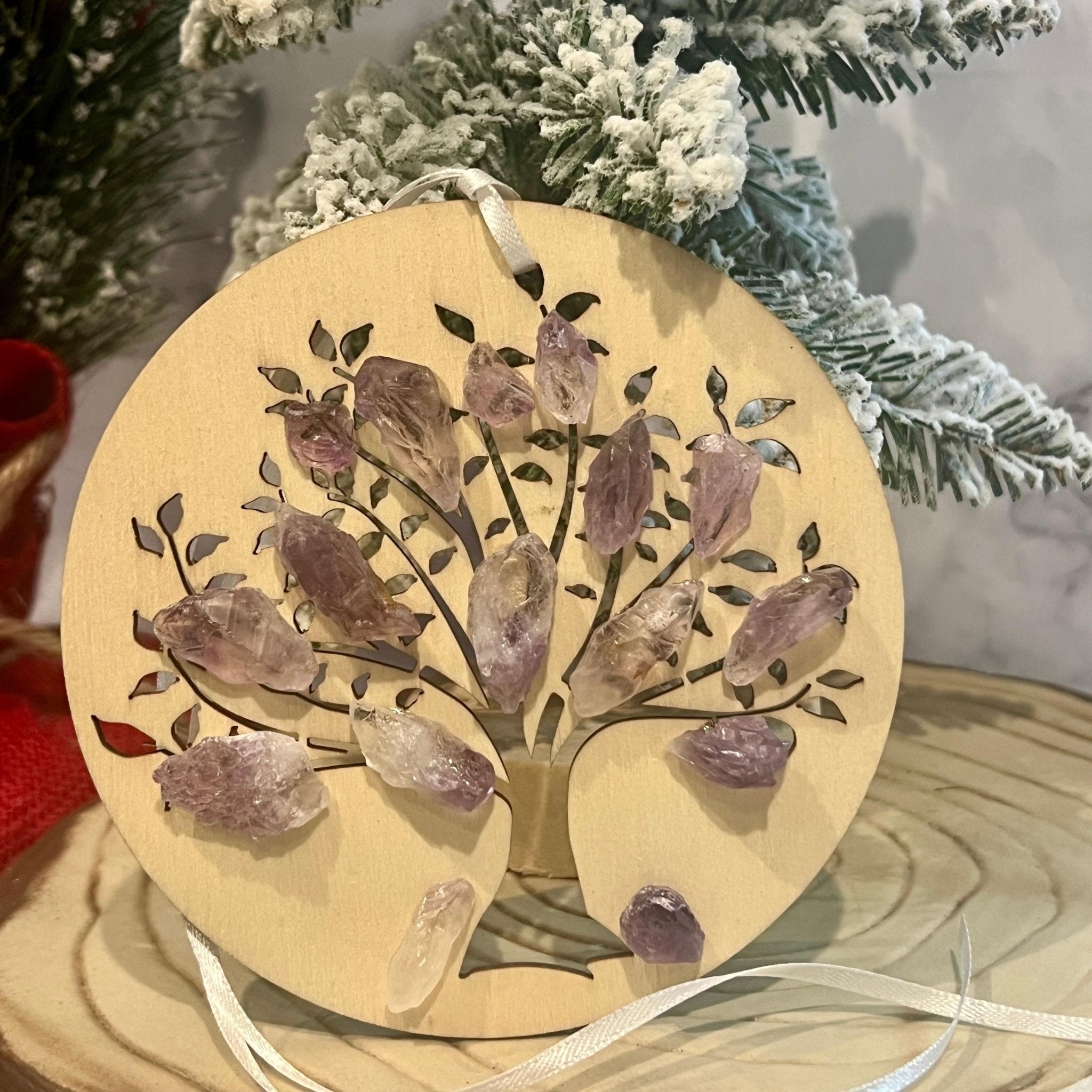 Amethyst Christmas Ornament: Wood Engraved Sacred Tree of Life - Winterberry Hearth