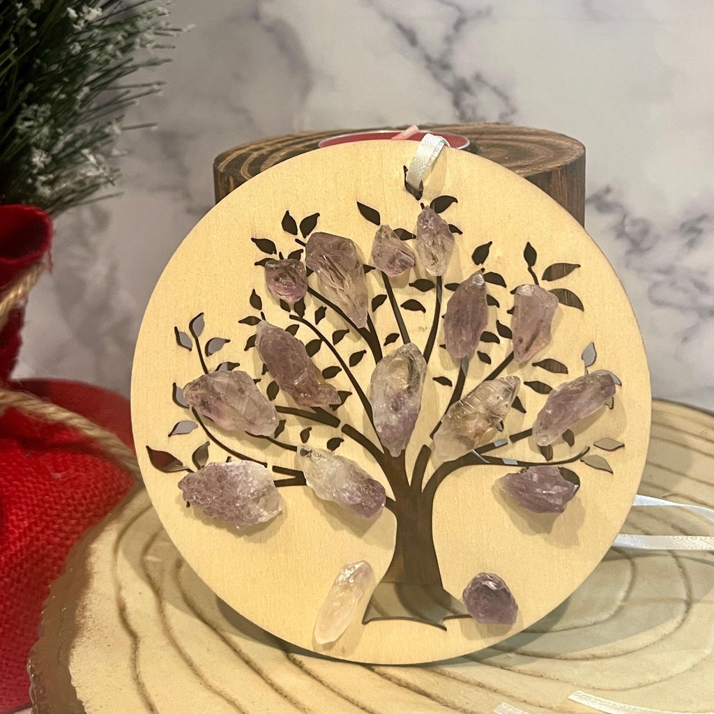 Amethyst Christmas Ornament: Wood Engraved Sacred Tree of Life - Winterberry Hearth