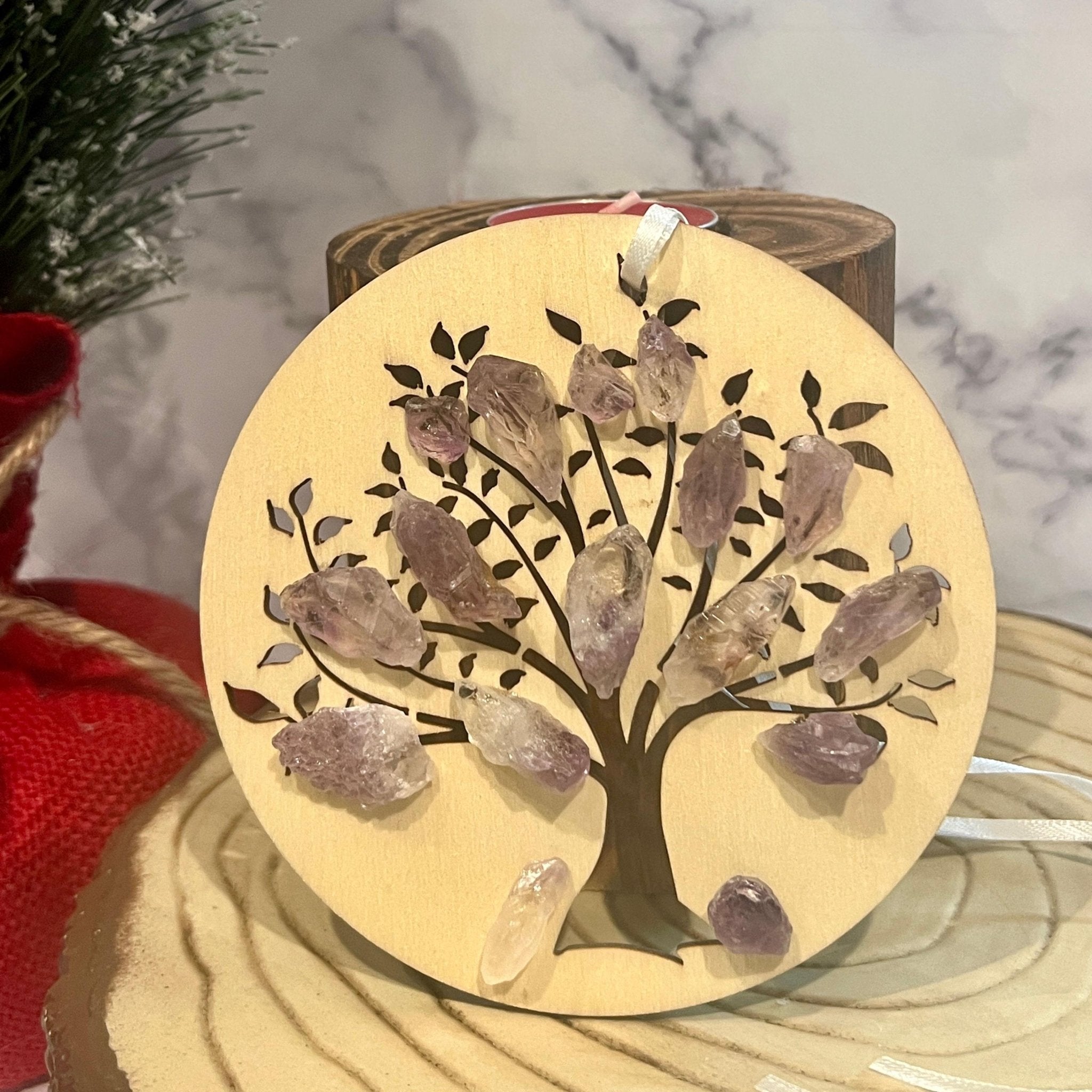 Amethyst Christmas Ornament: Wood Engraved Sacred Tree of Life - Winterberry Hearth