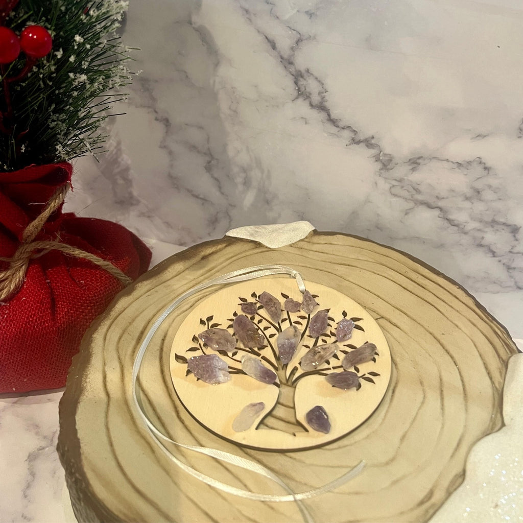 Amethyst Christmas Ornament: Wood Engraved Sacred Tree of Life - Winterberry Hearth