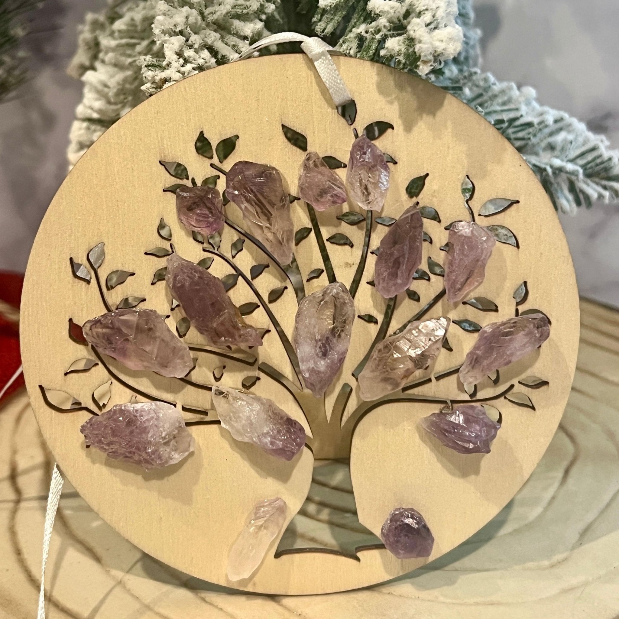 Amethyst Christmas Ornament: Wood Engraved Sacred Tree of Life - Winterberry Hearth