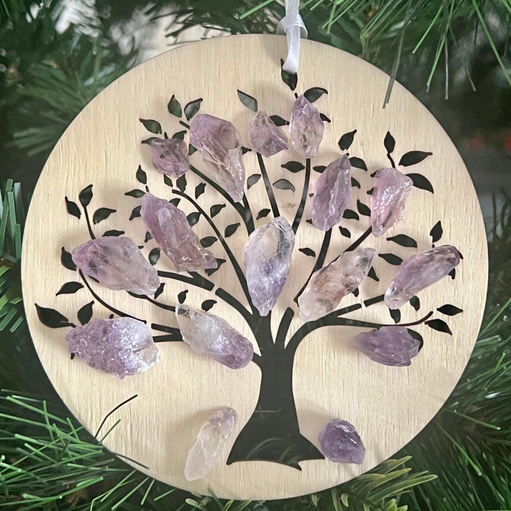 Amethyst Christmas Ornament: Wood Engraved Sacred Tree of Life - Winterberry Hearth