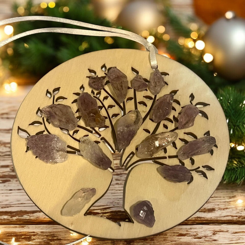 Amethyst Christmas Ornament: Wood Engraved Sacred Tree of Life - Winterberry Hearth