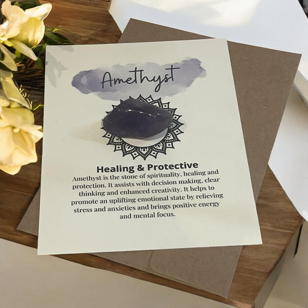 Amethyst Crystal with Meaning Card with Tumbled Stone: Healing Meditation Gift - Winterberry Hearth