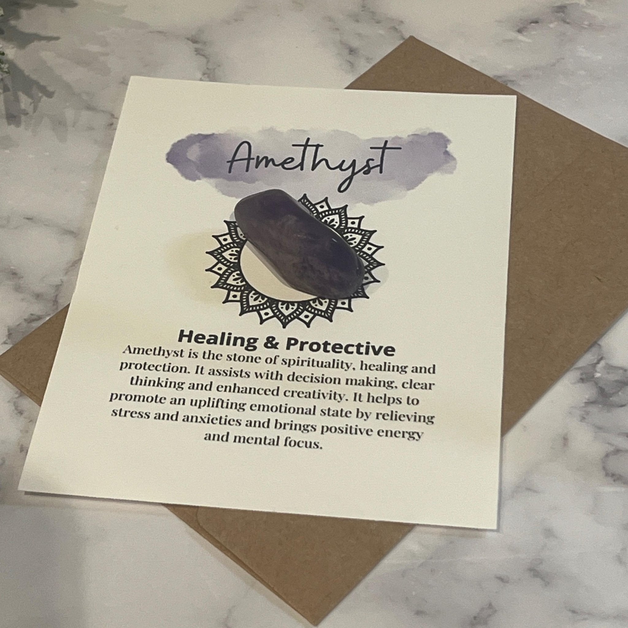 Amethyst Crystal with Meaning Card with Tumbled Stone: Healing Meditation Gift - Winterberry Hearth