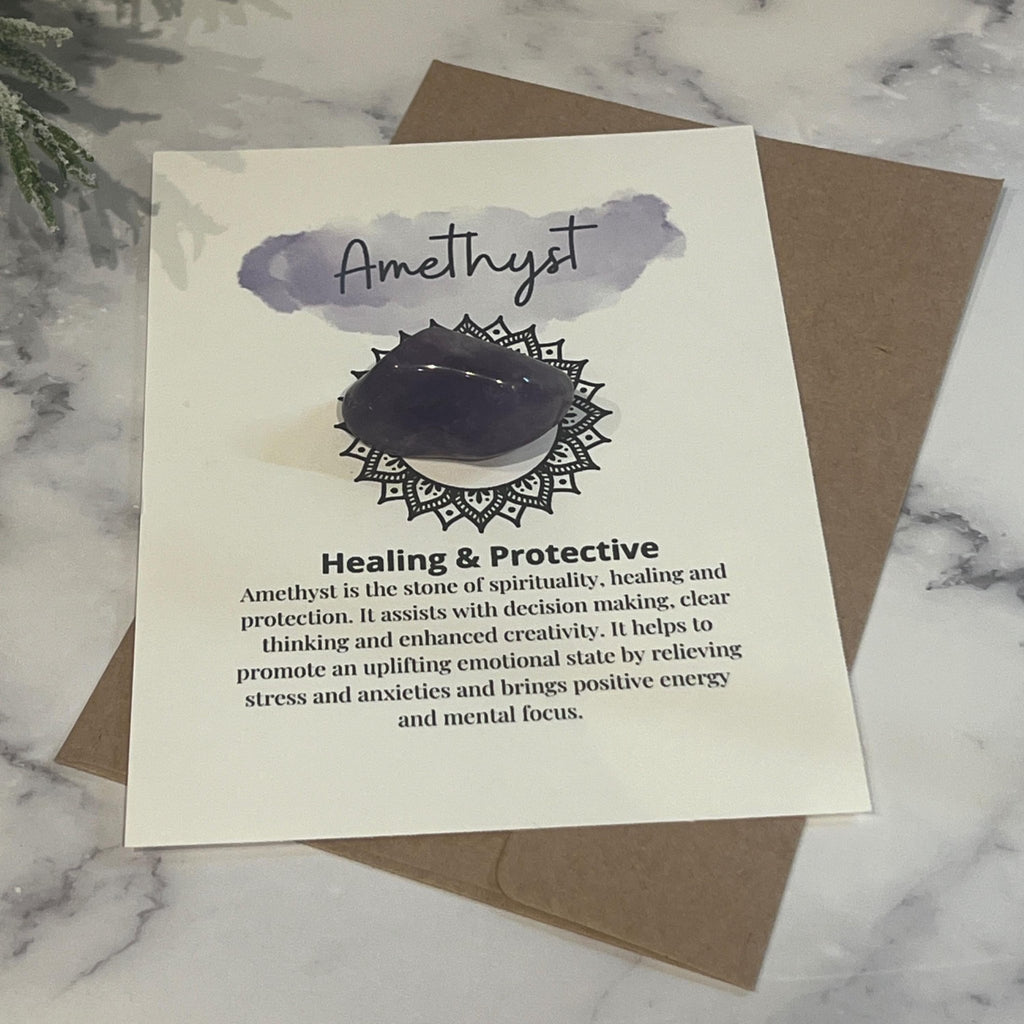 Amethyst Crystal with Meaning Card with Tumbled Stone: Healing Meditation Gift - Winterberry Hearth