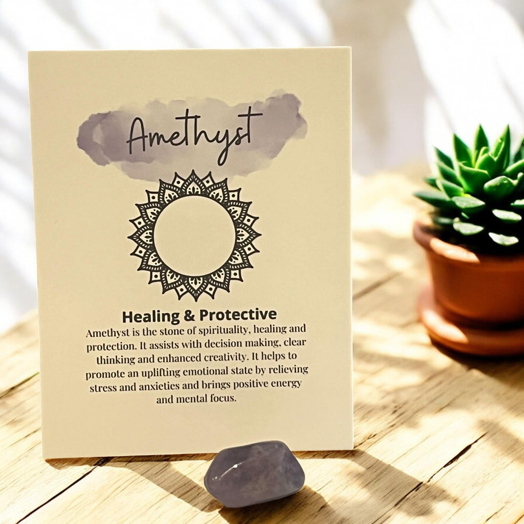 Amethyst Crystal with Meaning Card with Tumbled Stone: Healing Meditation Gift - Winterberry Hearth