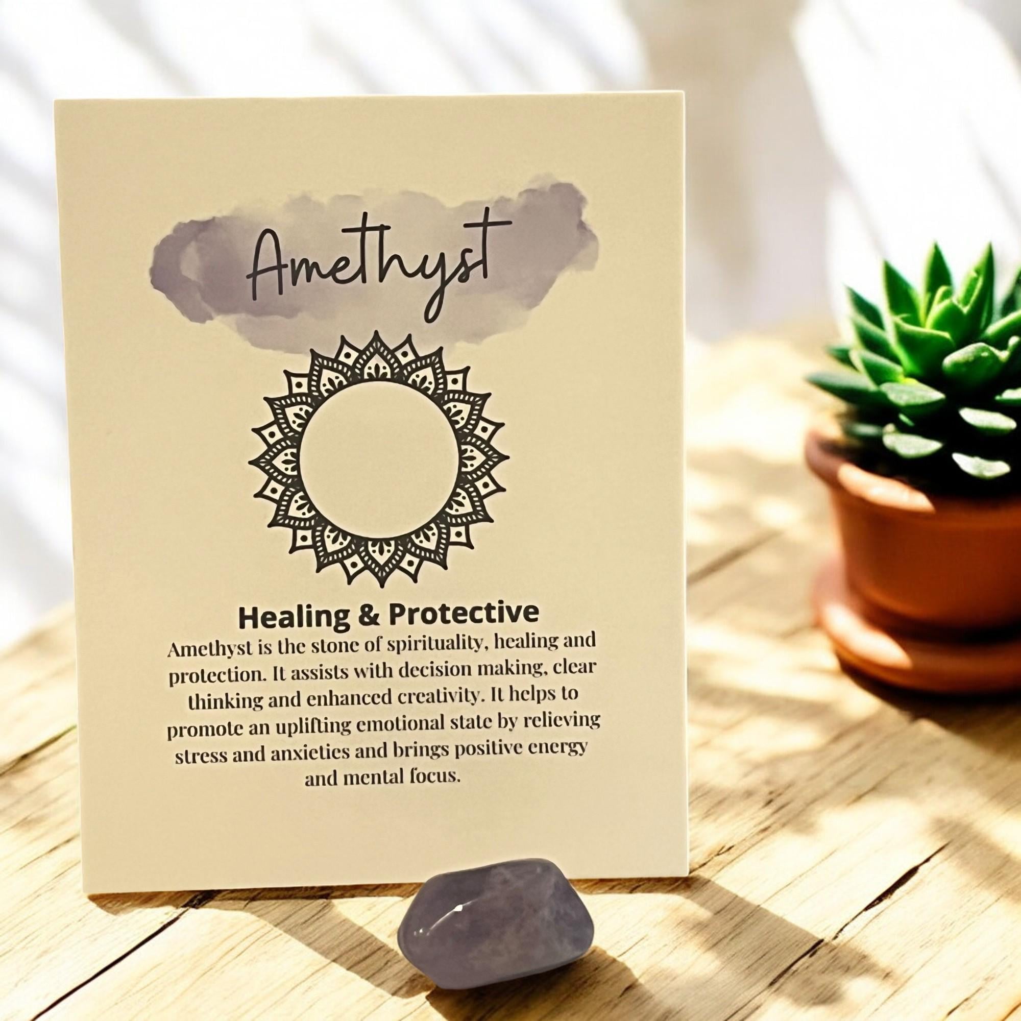 Amethyst Crystal with Meaning Card with Tumbled Stone: Healing Meditation Gift - Winterberry Hearth