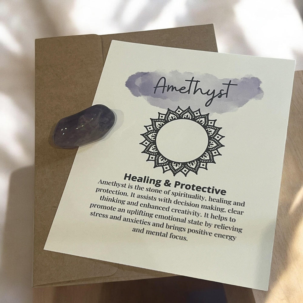 Amethyst Crystal with Meaning Card with Tumbled Stone: Healing Meditation Gift - Winterberry Hearth