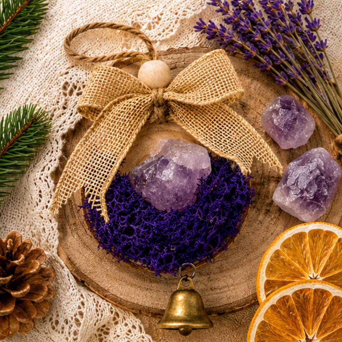 Amethyst Crystal Wood Ornament, Christmas Tree Hanging Bell Decor - Winterberry Hearth