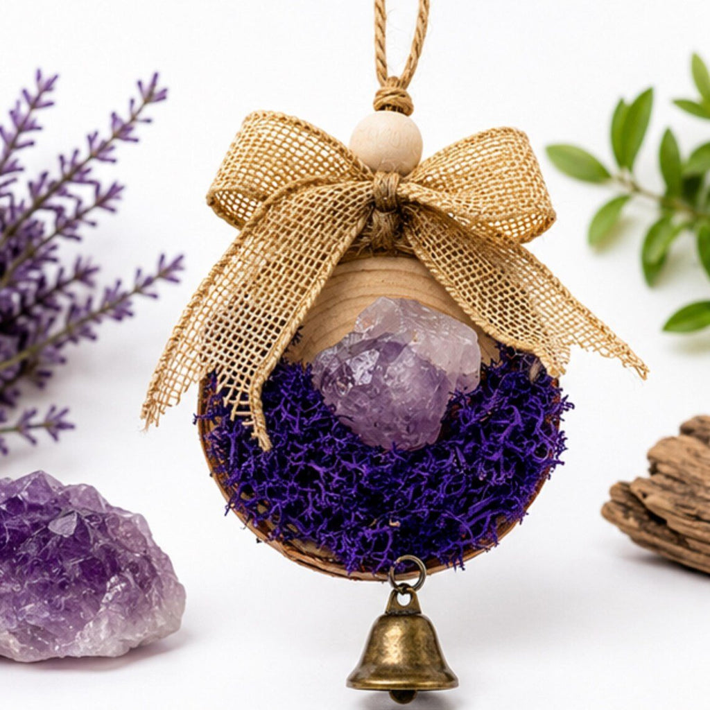 Amethyst Crystal Wood Ornament, Christmas Tree Hanging Bell Decor - Winterberry Hearth