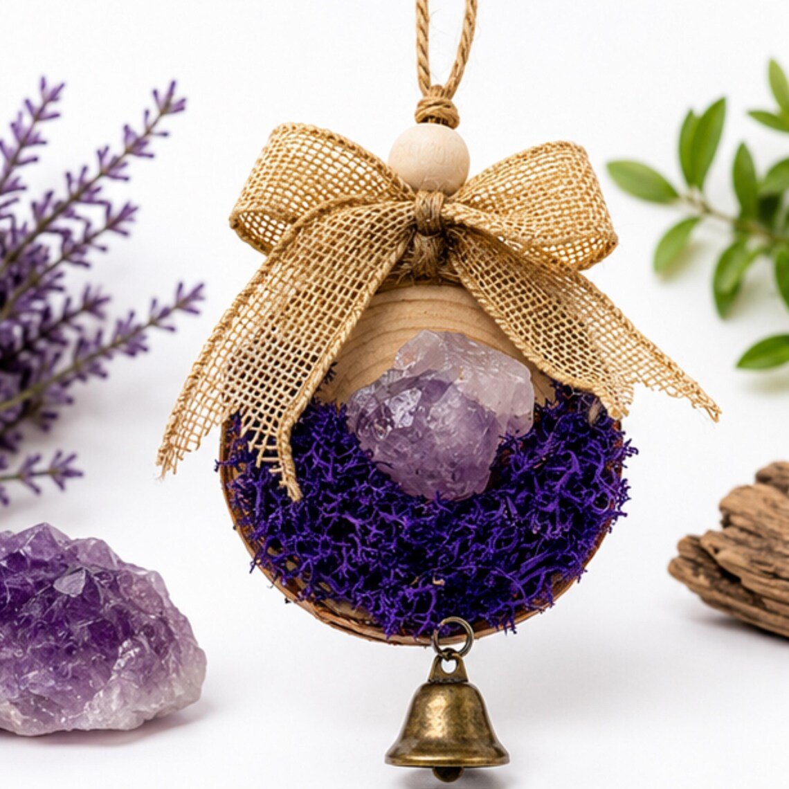 Amethyst Crystal Wood Ornament, Christmas Tree Hanging Bell Decor - Winterberry Hearth