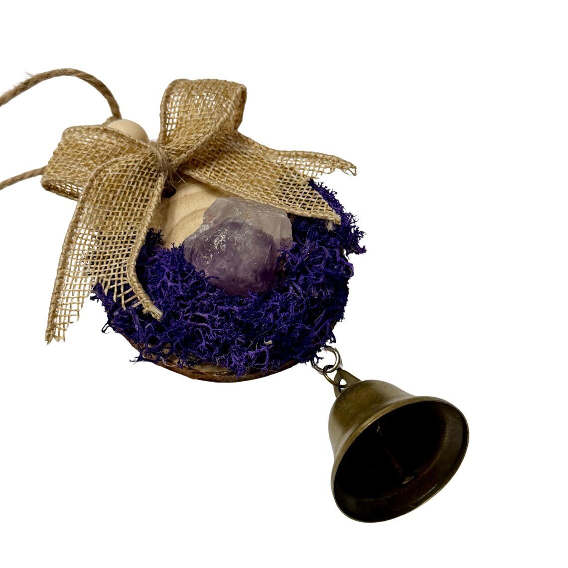Amethyst Crystal Wood Ornament, Christmas Tree Hanging Bell Decor - Winterberry Hearth