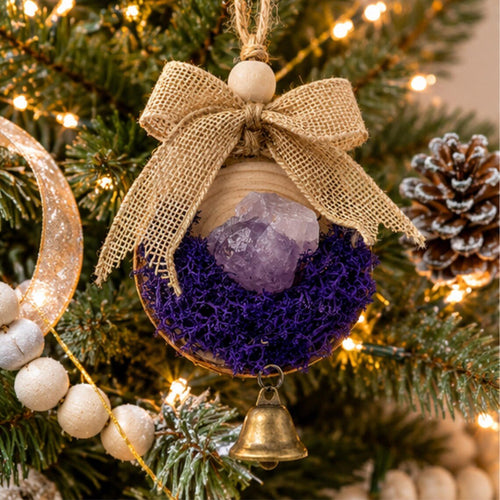 Amethyst Crystal Wood Ornament, Christmas Tree Hanging Bell Decor - Winterberry Hearth