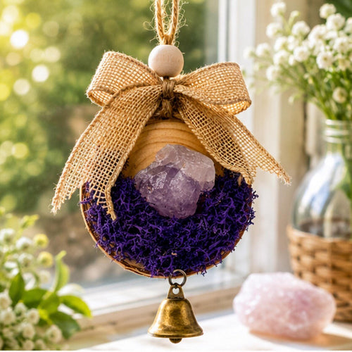 Amethyst Crystal Wood Ornament, Christmas Tree Hanging Bell Decor - Winterberry Hearth