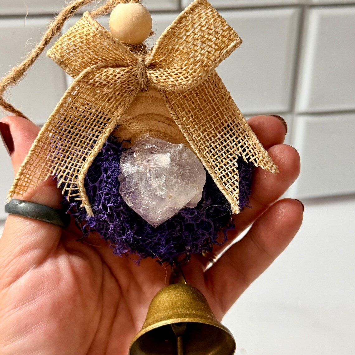 Amethyst Crystal Wood Ornament, Christmas Tree Hanging Bell Decor - Winterberry Hearth