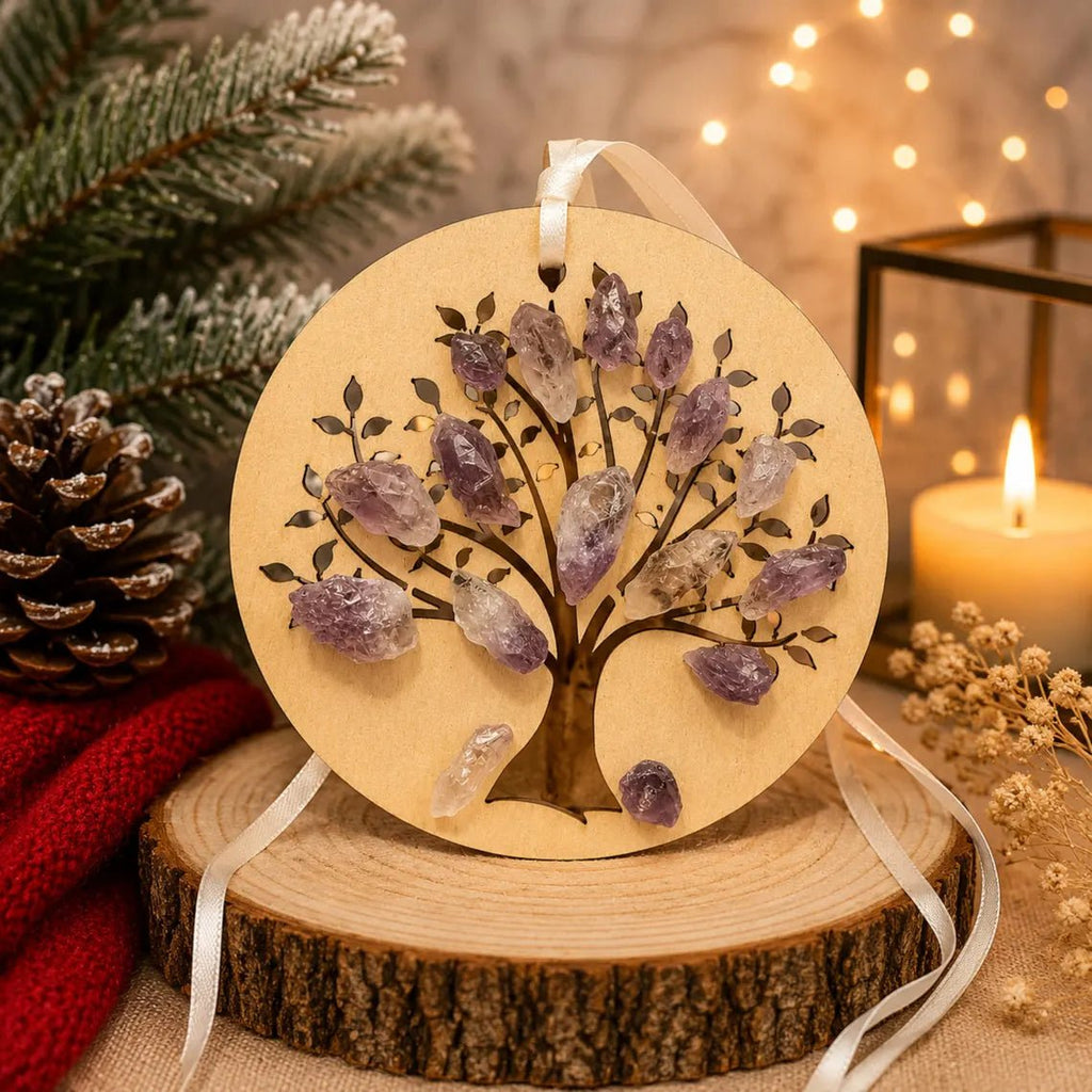 Amethyst Crystal Wooden Tree of Life Christmas Ornament - Winterberry Hearth