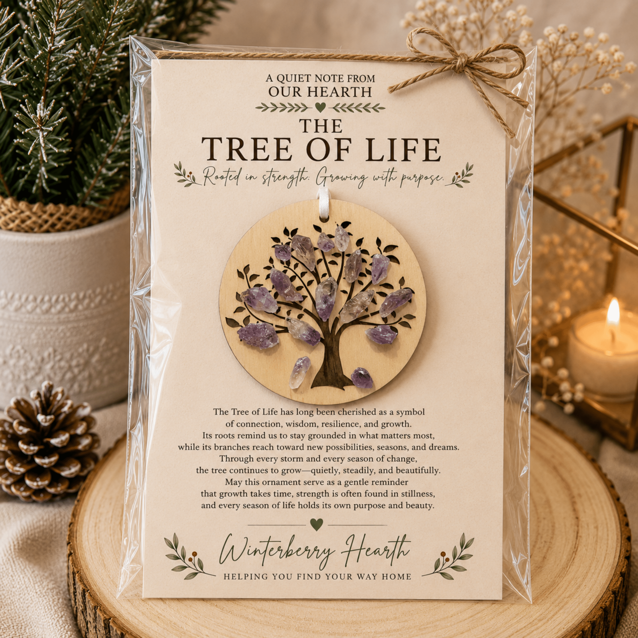 Amethyst Crystal Wooden Tree of Life Christmas Ornament - Winterberry Hearth