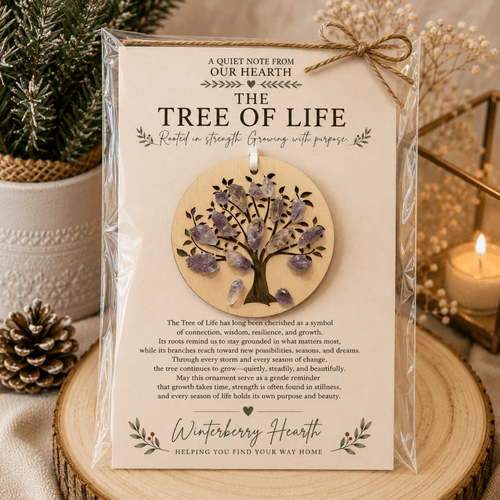Amethyst Crystal Wooden Tree of Life Christmas Ornament - Winterberry Hearth
