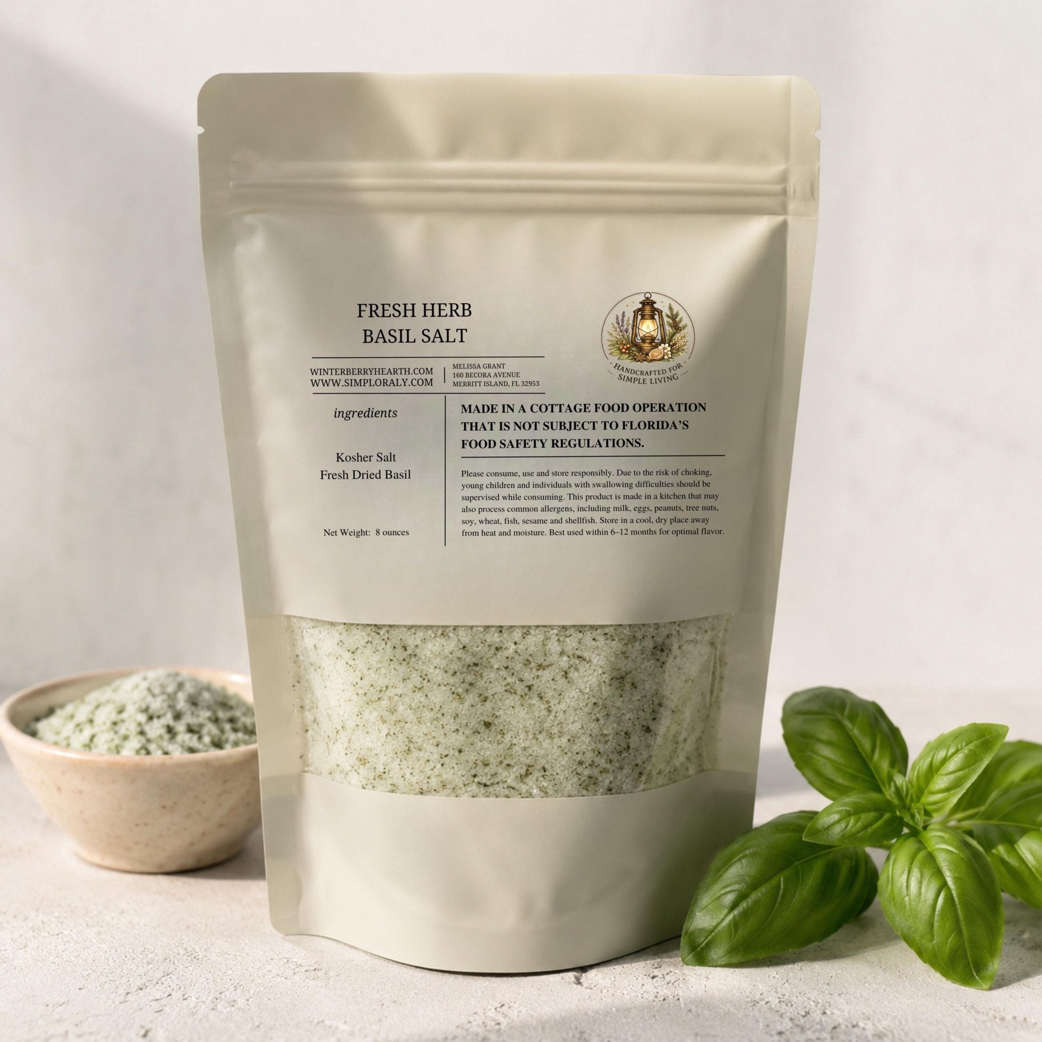 Basil Salt, Fresh Gourmet Herb Blend, Finishing Salt for Cooking, Tomatoes & Pasta - Winterberry Hearth