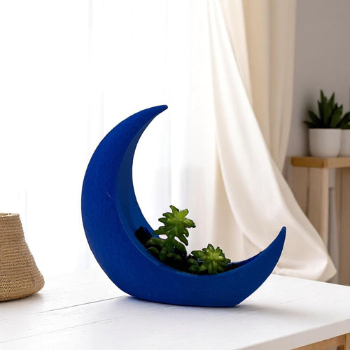 Blue Crescent Moon Succulent Planter with Shooting Star Sedum, Mystical Lunar Celestial Gift - Winterberry Hearth