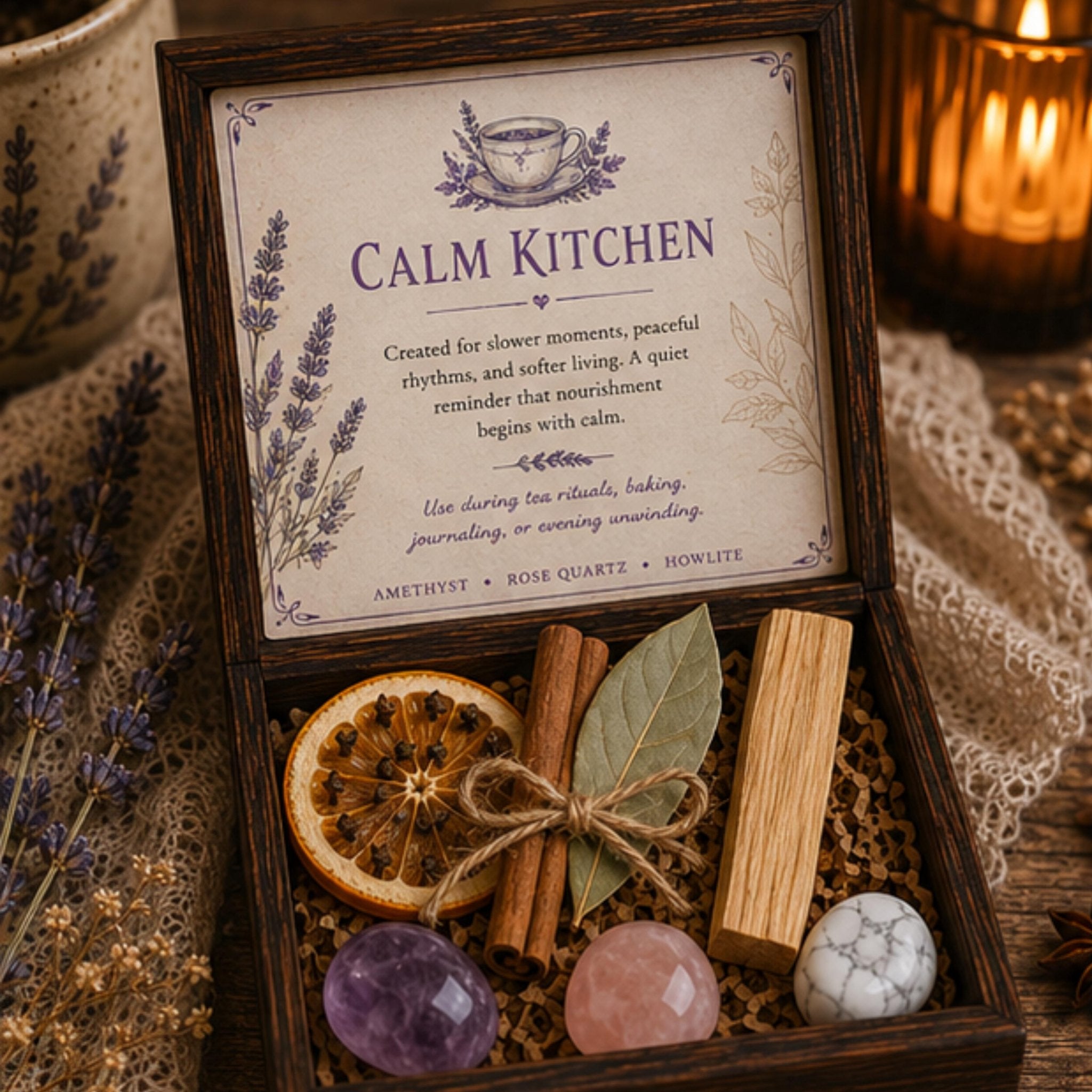 Calming Crystal Set, Wood Kitchen Keepsake Box, Mindful Living Self Care Gift, Cottagecore Decor - Winterberry Hearth
