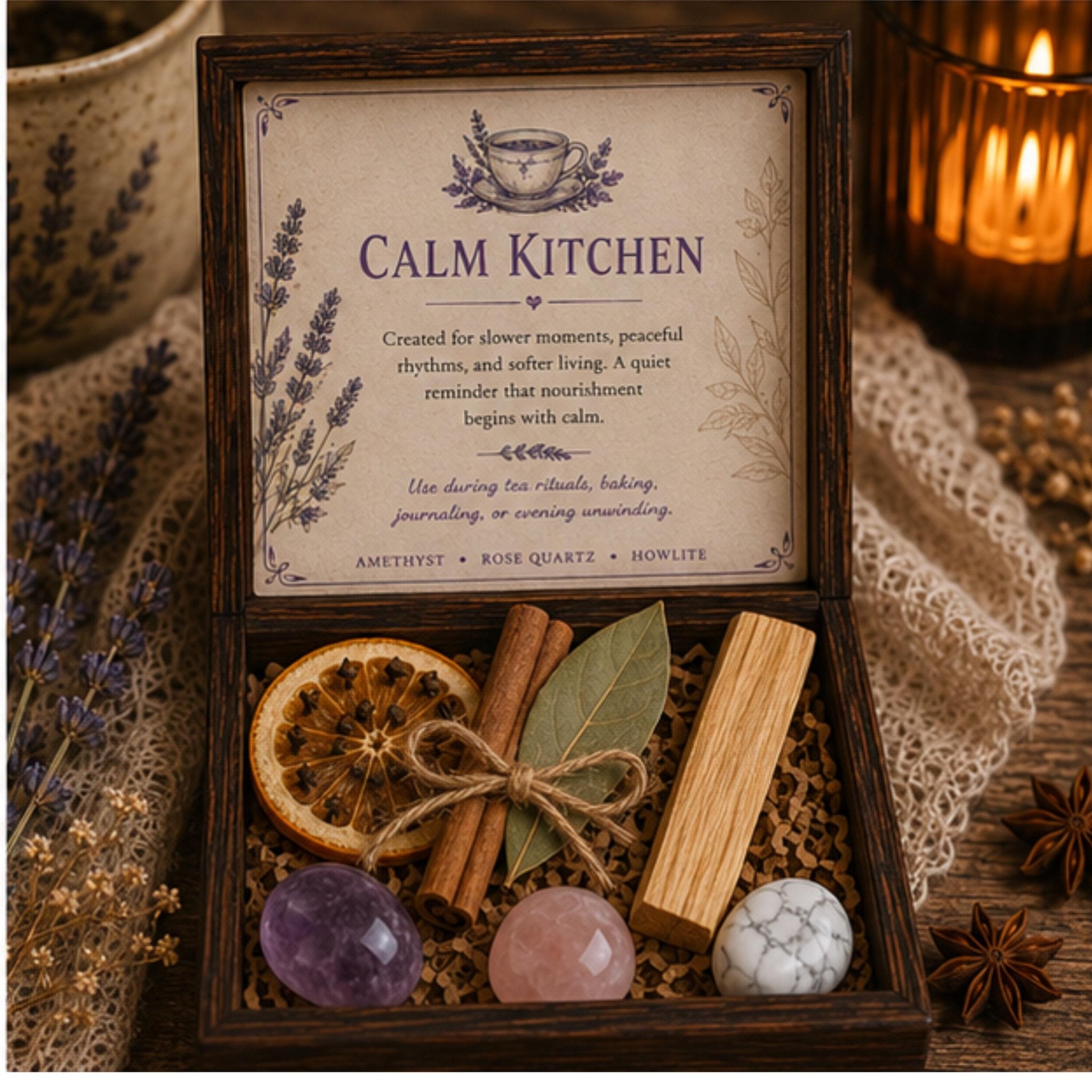 Calming Crystal Set, Wood Kitchen Keepsake Box, Mindful Living Self Care Gift, Cottagecore Decor - Winterberry Hearth