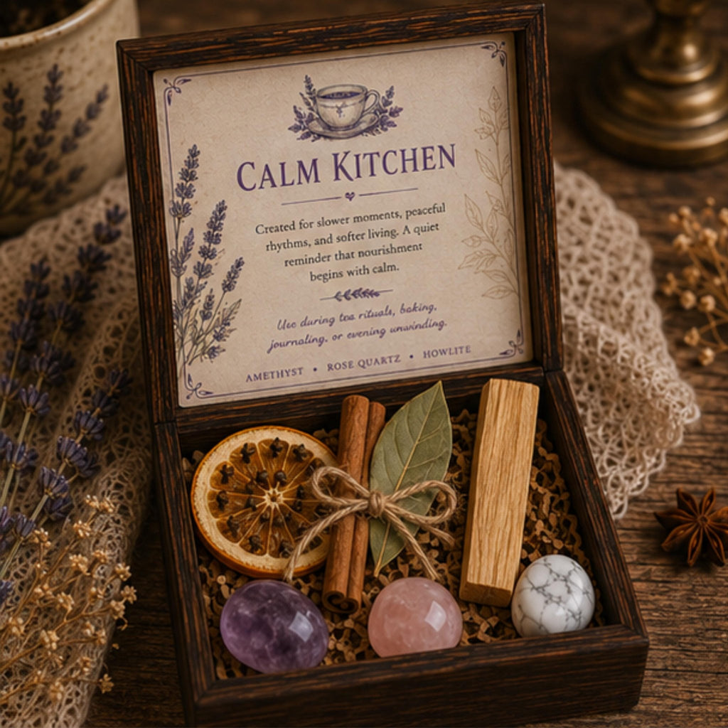 Calming Crystal Set, Wood Kitchen Keepsake Box, Mindful Living Self Care Gift, Cottagecore Decor - Winterberry Hearth