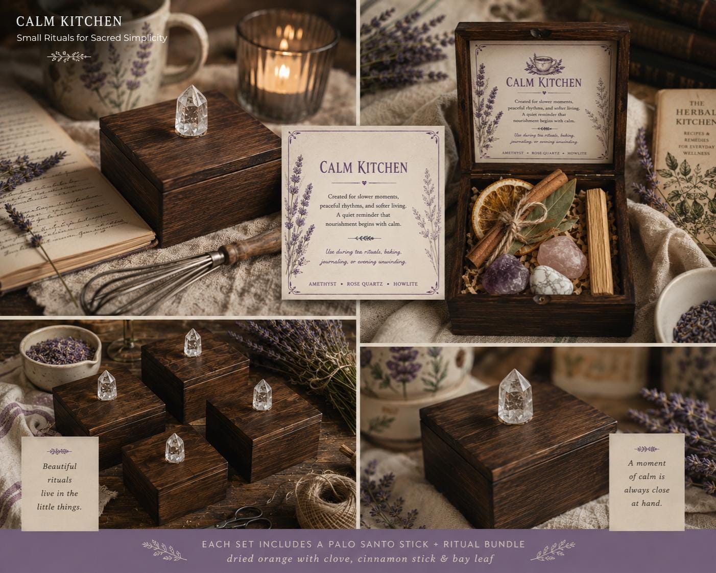Calming Crystal Set, Wood Kitchen Keepsake Box, Mindful Living Self Care Gift, Cottagecore Decor - Winterberry Hearth