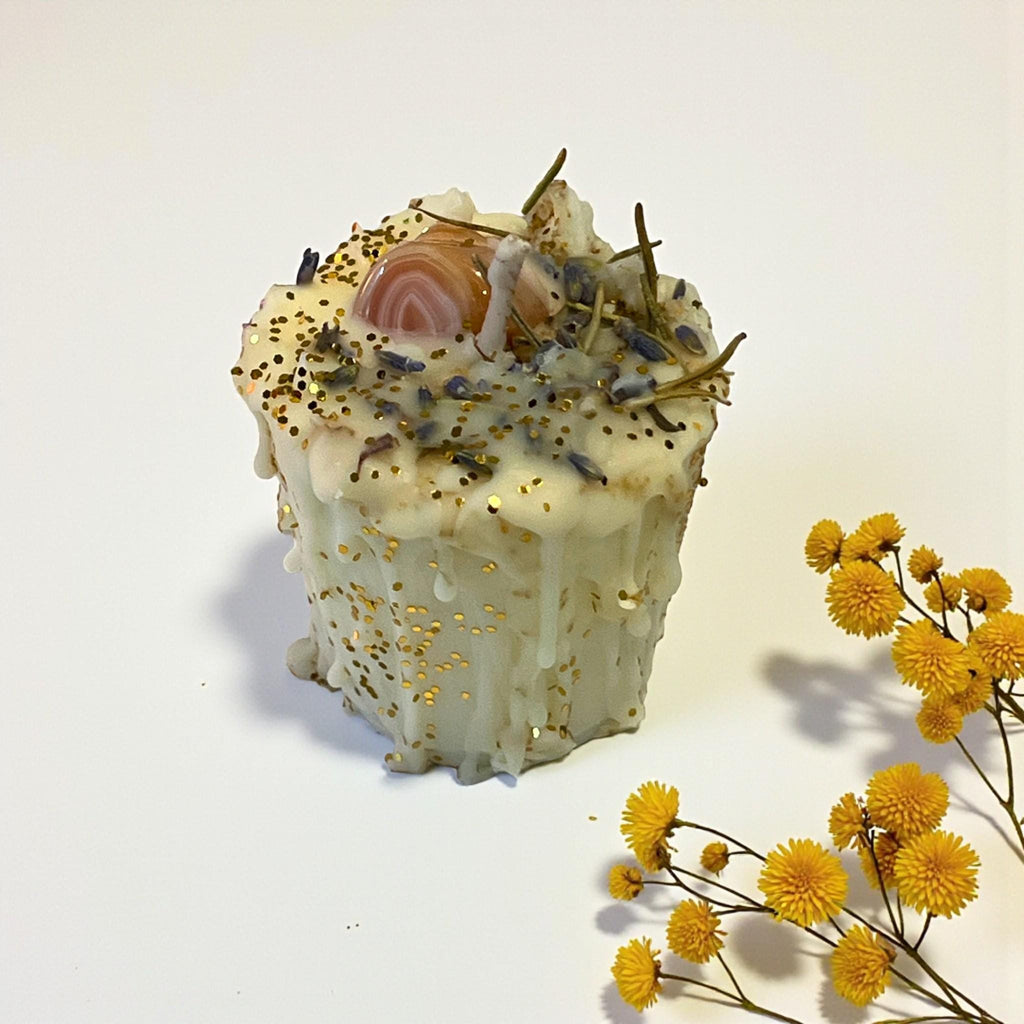 Carnelian Crystal Drip Candle with Intention Herbs & Glitter: Creativity Courage Motivation - Winterberry Hearth