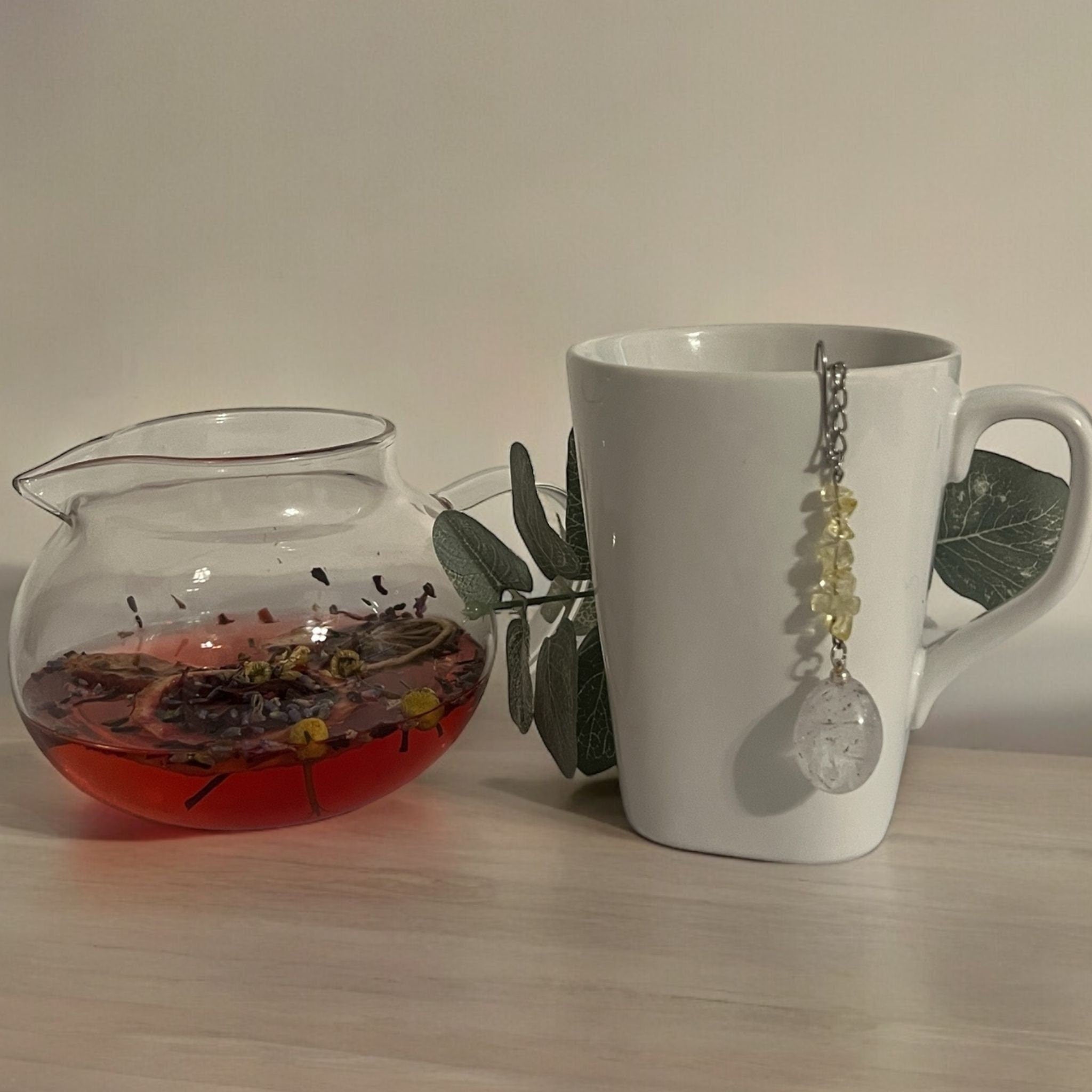 Citrine & Clear Quartz Crystal Tea Steeper, Stainless Steel Mesh Infuser - Winterberry Hearth