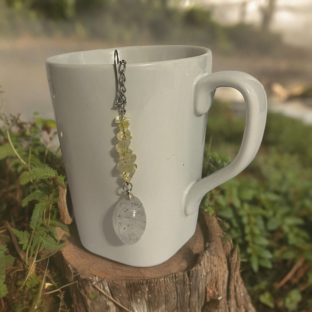 Citrine & Clear Quartz Crystal Tea Steeper, Stainless Steel Mesh Infuser - Winterberry Hearth