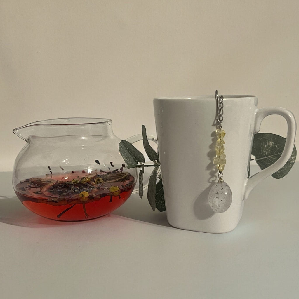 Citrine & Clear Quartz Crystal Tea Steeper, Stainless Steel Mesh Infuser - Winterberry Hearth