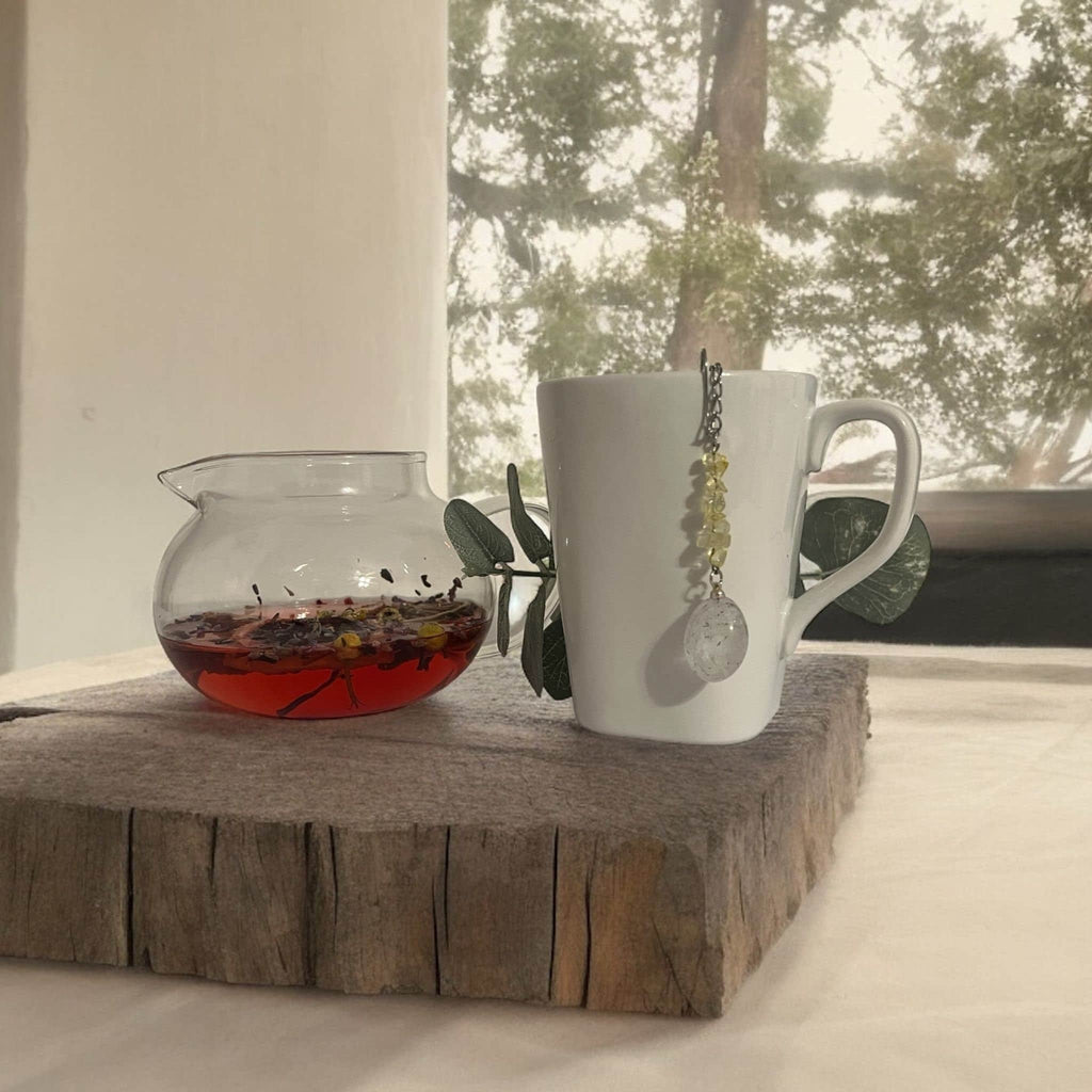 Citrine & Clear Quartz Crystal Tea Steeper, Stainless Steel Mesh Infuser - Winterberry Hearth
