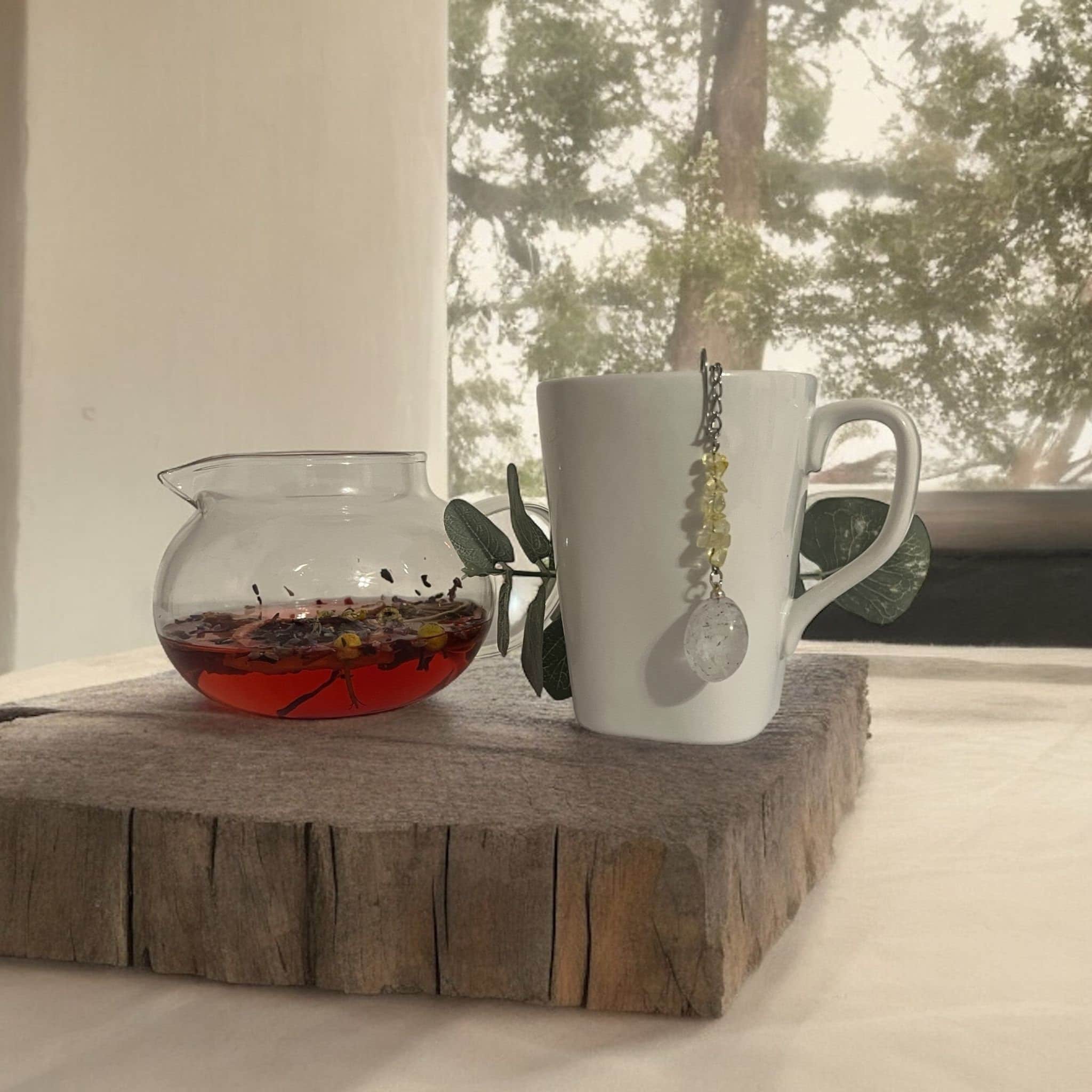 Citrine & Clear Quartz Crystal Tea Steeper, Stainless Steel Mesh Infuser - Winterberry Hearth