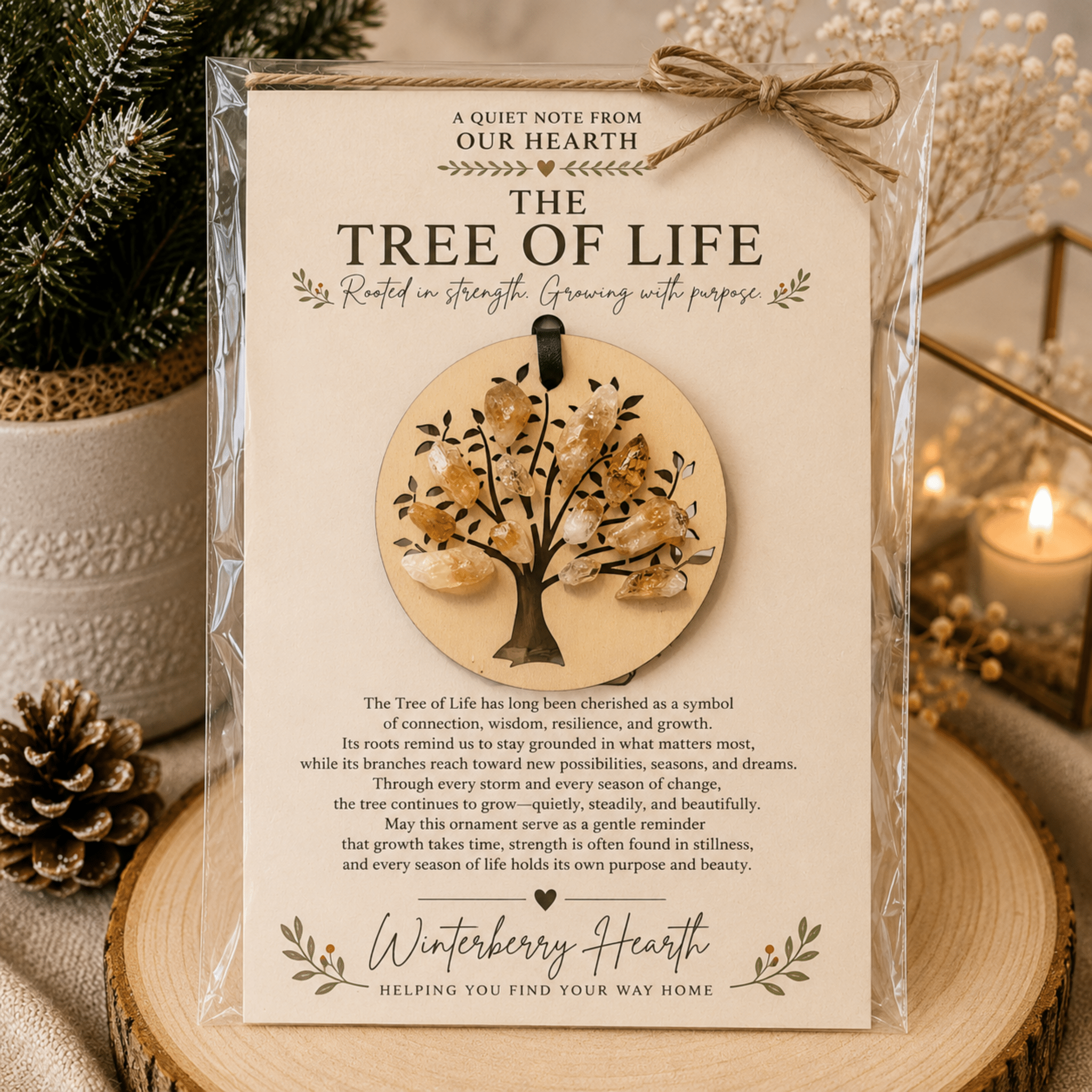 Citrine Crystal Tree of Life Christmas Ornament, Cottagecore Holiday - Winterberry Hearth