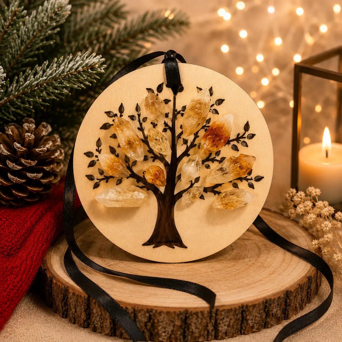 Citrine Crystal Tree of Life Christmas Ornament, Cottagecore Holiday - Winterberry Hearth