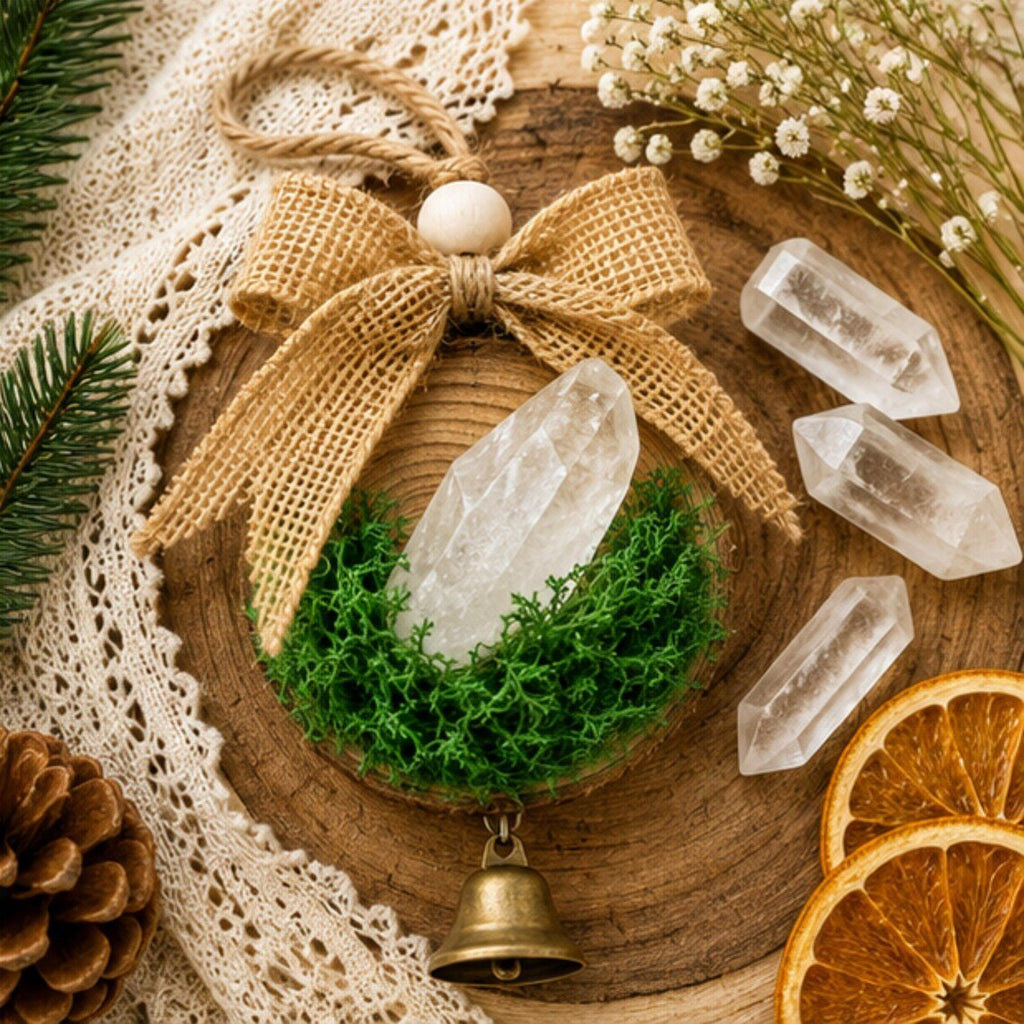 Clear Quartz Crystal Ornament, Cottage Christmas Bell Hanging Decor - Winterberry Hearth
