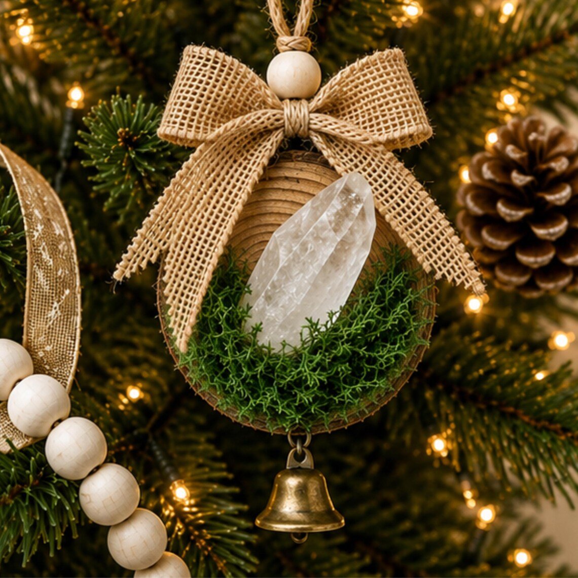 Clear Quartz Crystal Ornament, Cottage Christmas Bell Hanging Decor - Winterberry Hearth
