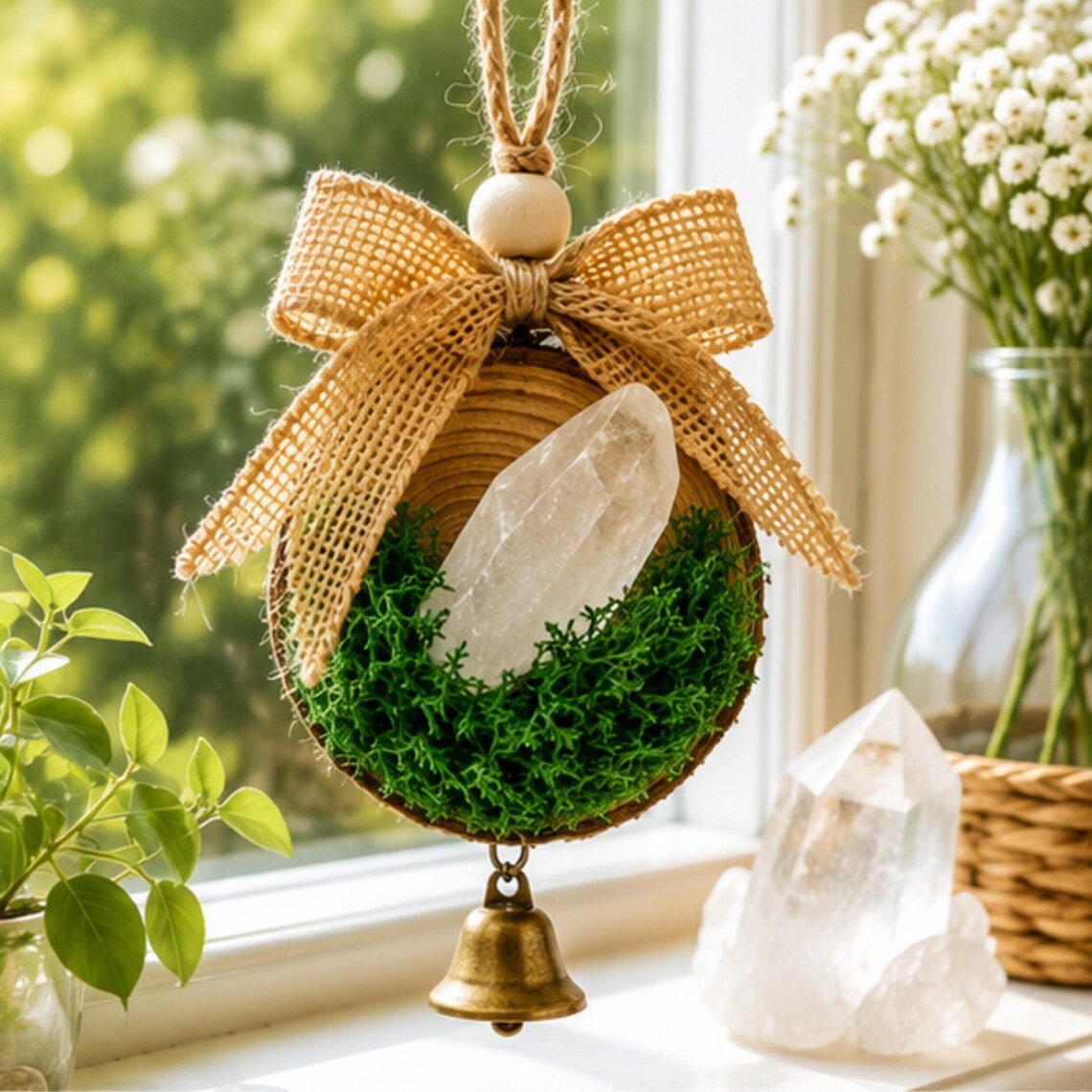 Clear Quartz Crystal Ornament, Cottage Christmas Bell Hanging Decor - Winterberry Hearth