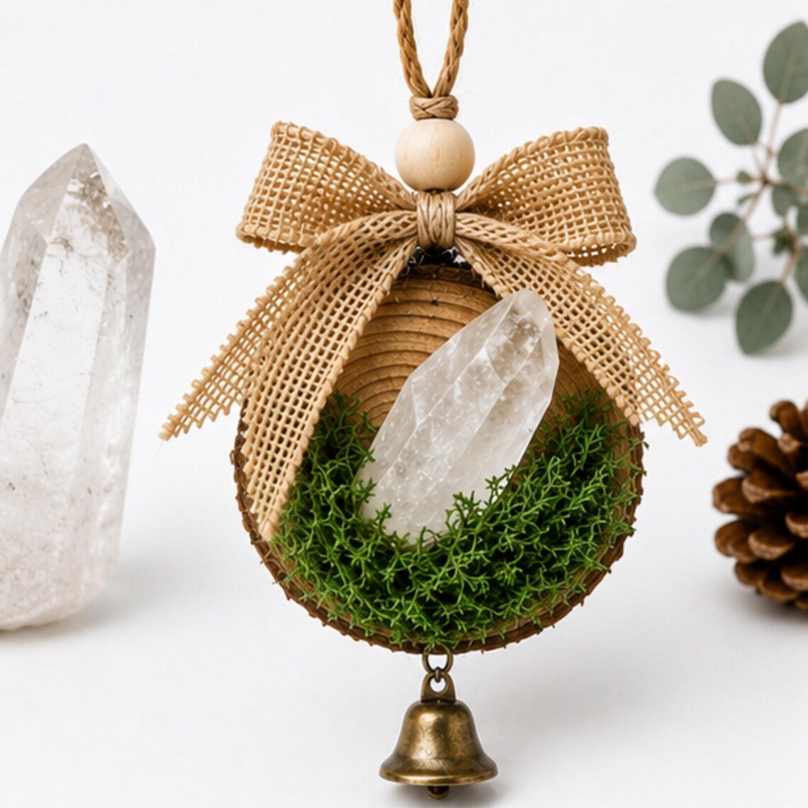 Clear Quartz Crystal Ornament, Cottage Christmas Bell Hanging Decor - Winterberry Hearth