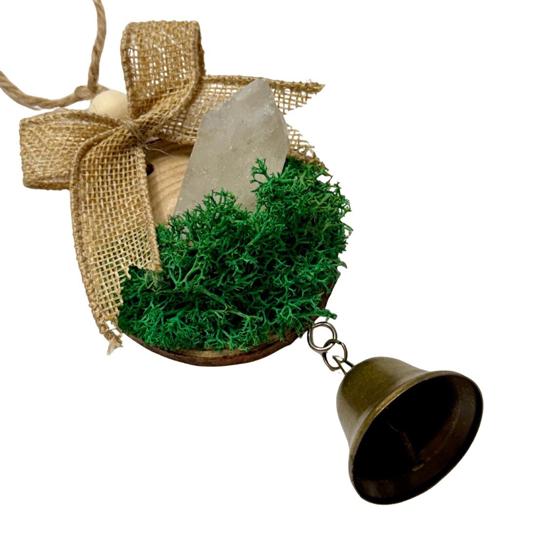 Clear Quartz Crystal Ornament, Cottage Christmas Bell Hanging Decor - Winterberry Hearth