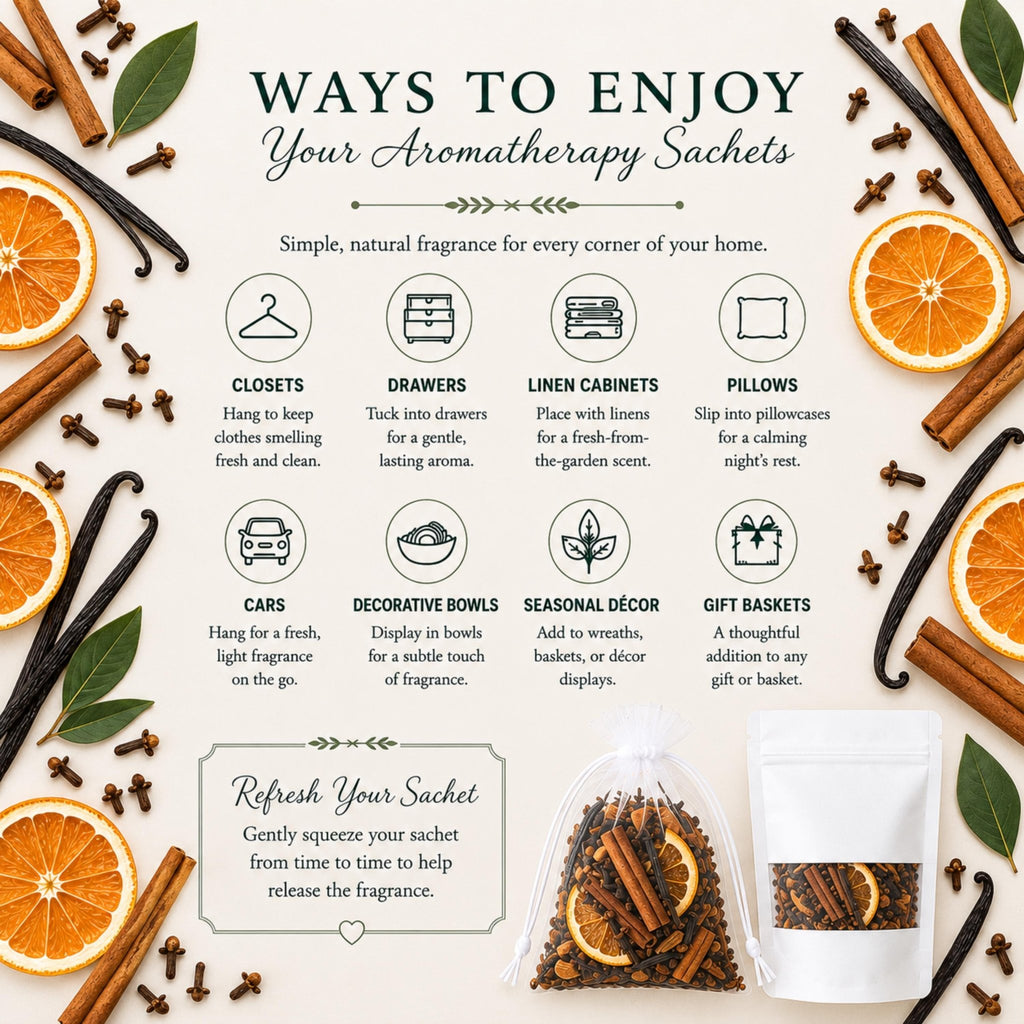 Cozy Home Fragrance Sachet, Hearth and Home Aromatherapy, Orange Vanilla Spice, Botanical Gift - Winterberry Hearth
