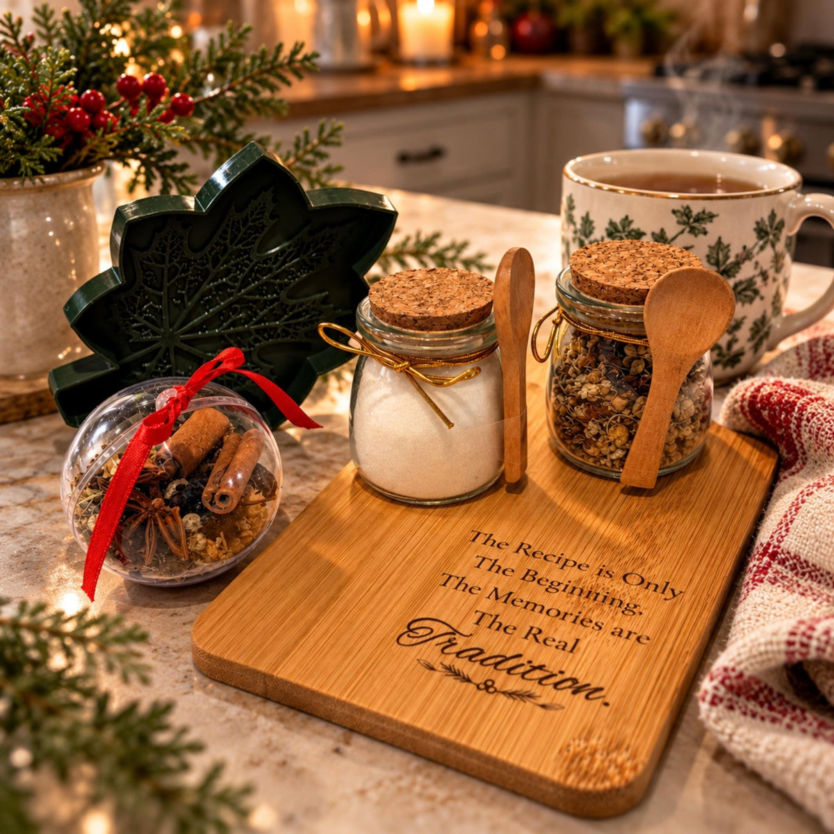 Cozy Kitchen Gift Set with Engraved Bread Board, Herbal Tea & Simmer Pot Ornament - Winterberry Hearth