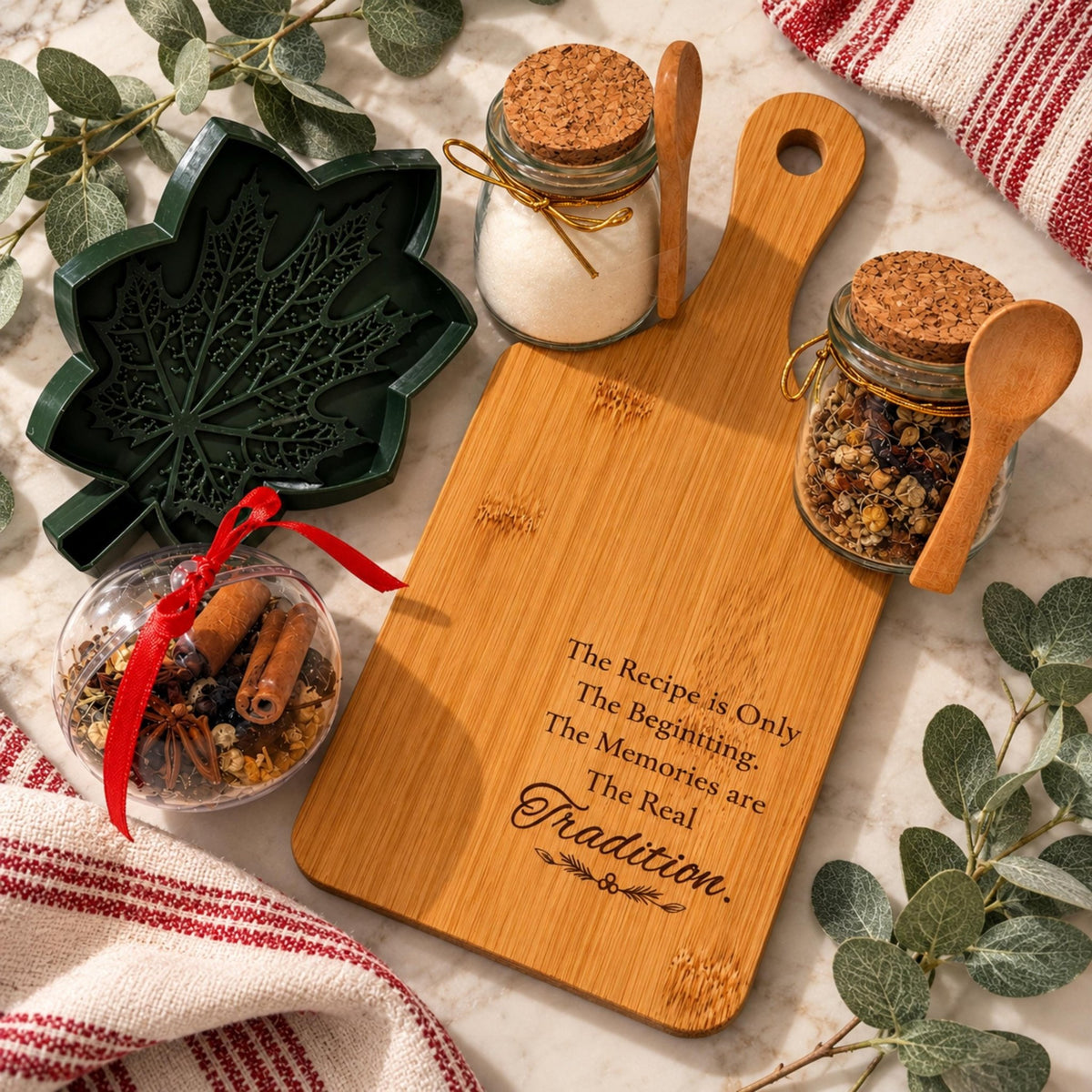 Cozy Kitchen Gift Set with Engraved Bread Board, Herbal Tea & Simmer Pot Ornament - Winterberry Hearth